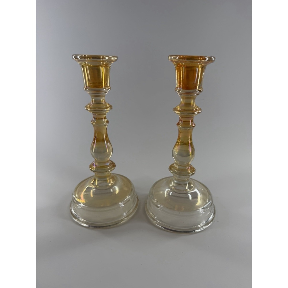 Vintage Iridescent Carnival Glass Candlestick‎ Holders Pair Amber Champagne 8"